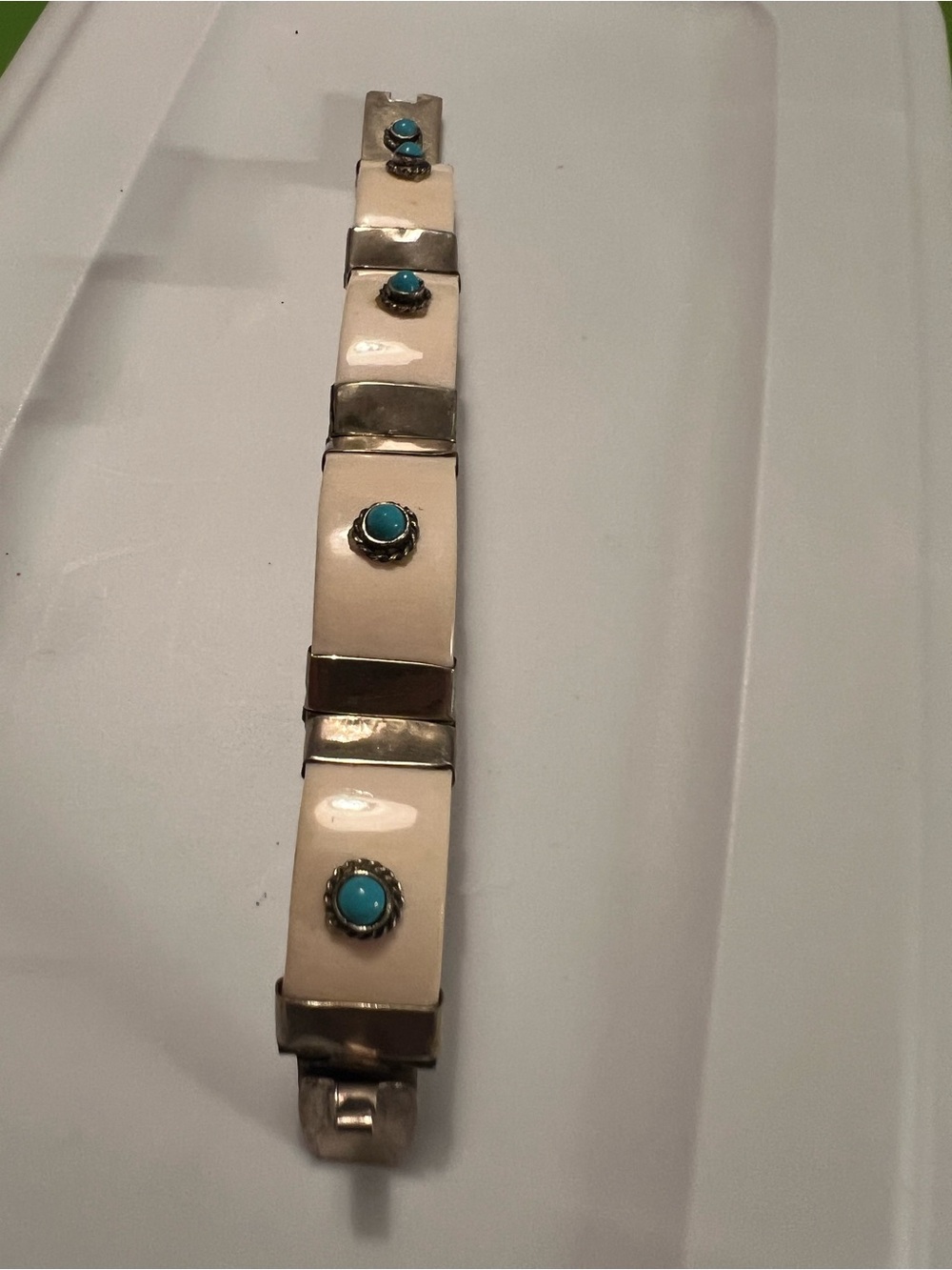 Vintage panel link bone Cream statement Silver turquoise accent detail Bracelet